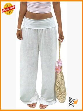 Wide Leg Linen Fold Over Pants Low Rise Lounge Beach Vacation